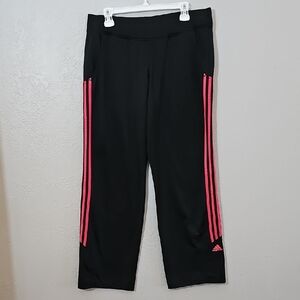 Adidas Black Wide Leg Track Pants with Pink Stripes Womens Large